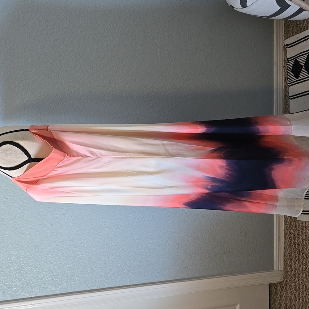 DKNY Tie Dye Print Asymmetric Midi Dressi Sz LARGE Peach Blue Boho - Picture 7 of 16